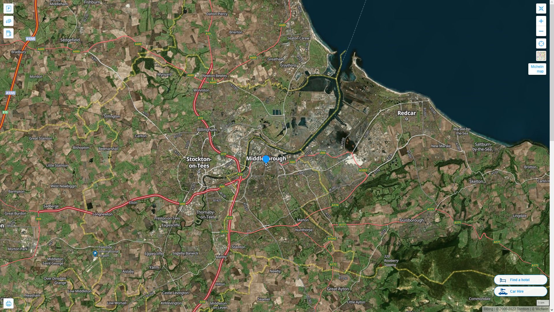 Middlesbrough Royaume Uni Autoroute et carte routiere avec vue satellite